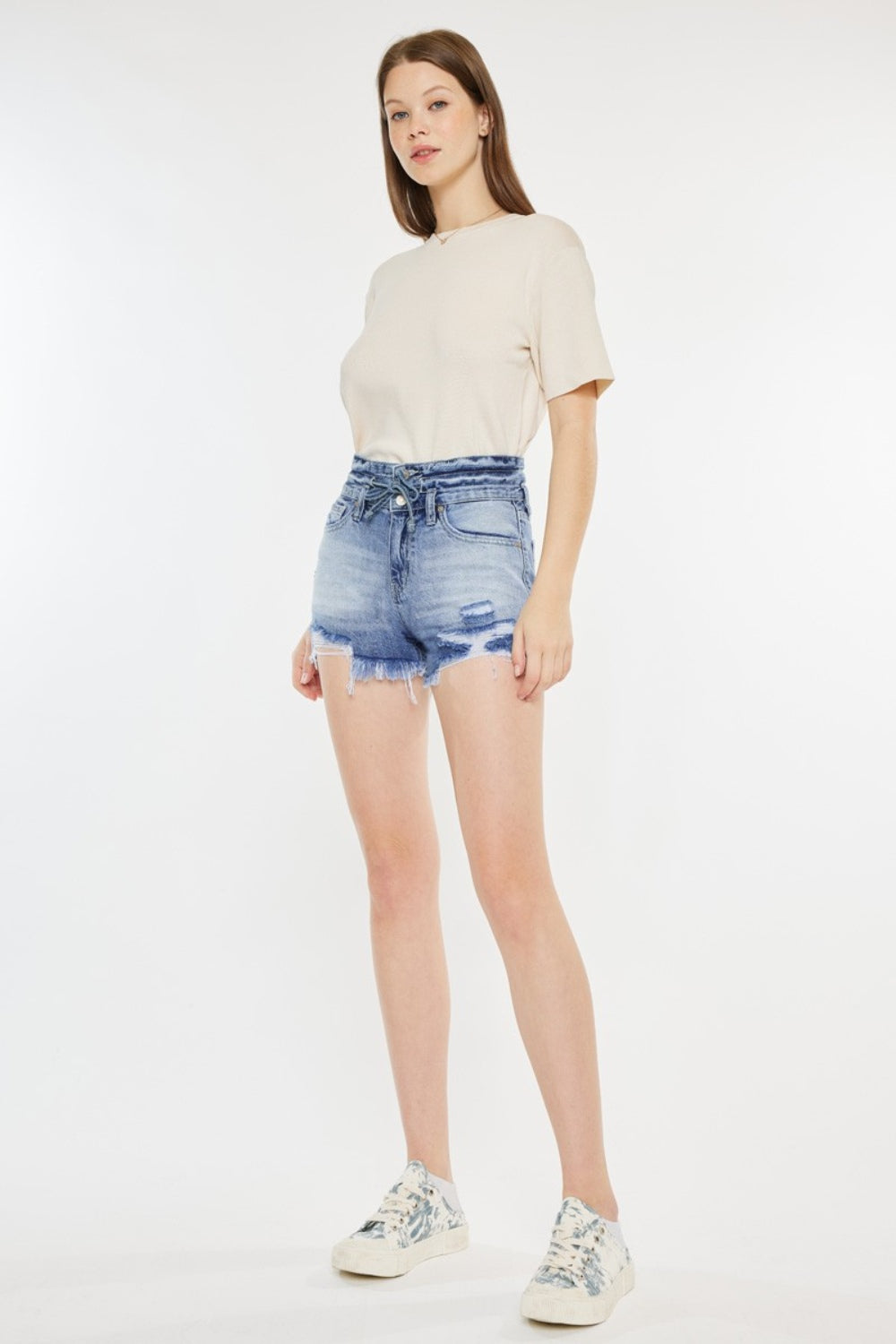 Mitsy High Rise Tie Waist Frayed Hem Denim Shorts