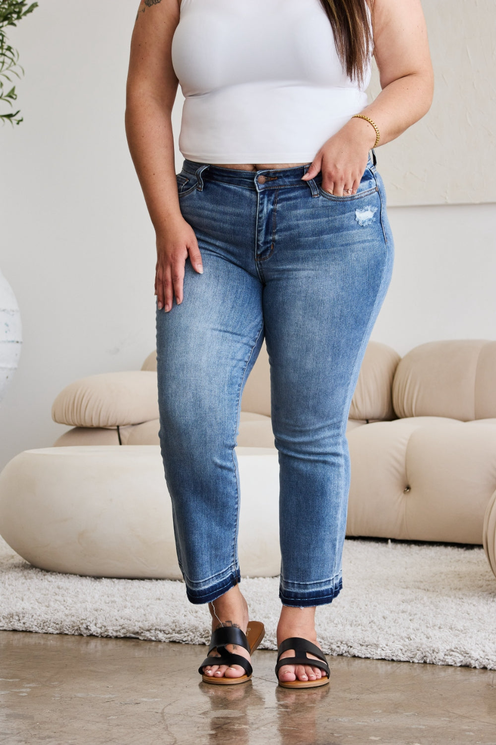 Avery Mid Rise Raw Hem Cropped Bootcut Jeans