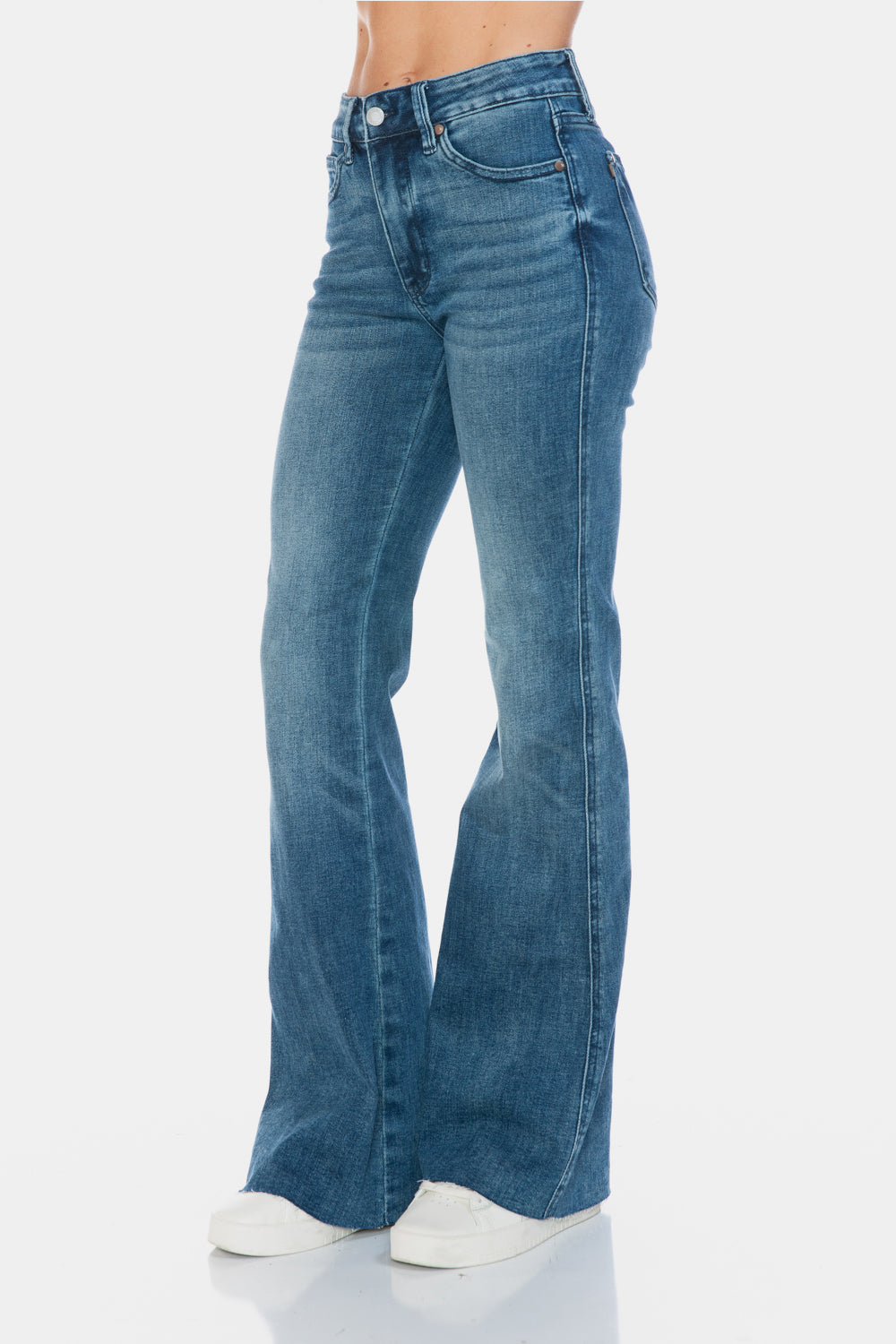 Mazzy Mid Rise Tummy Control Raw Hem Flare Jeans