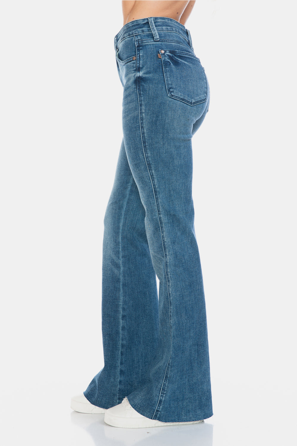 Mazzy Mid Rise Tummy Control Raw Hem Flare Jeans