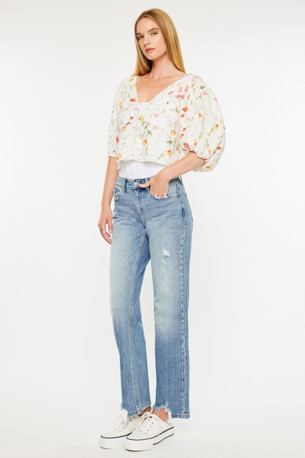 Denver Mid Rise Frayed Hem Straight Jeans