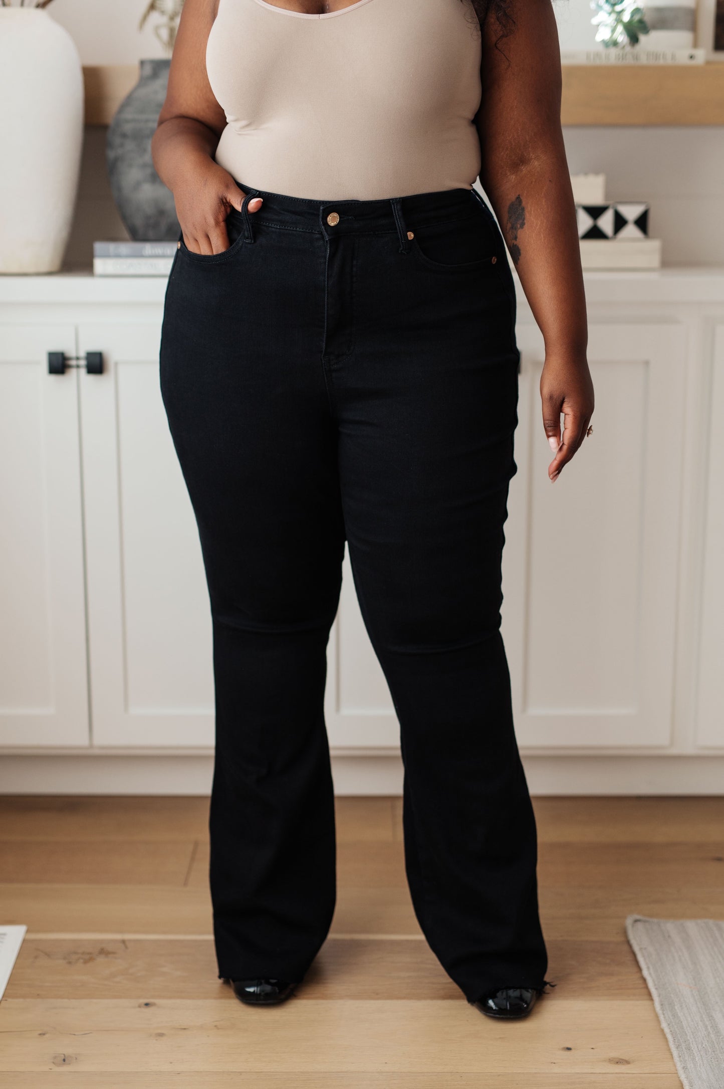 Etta High Rise Tummy Control Flare Jeans in Black