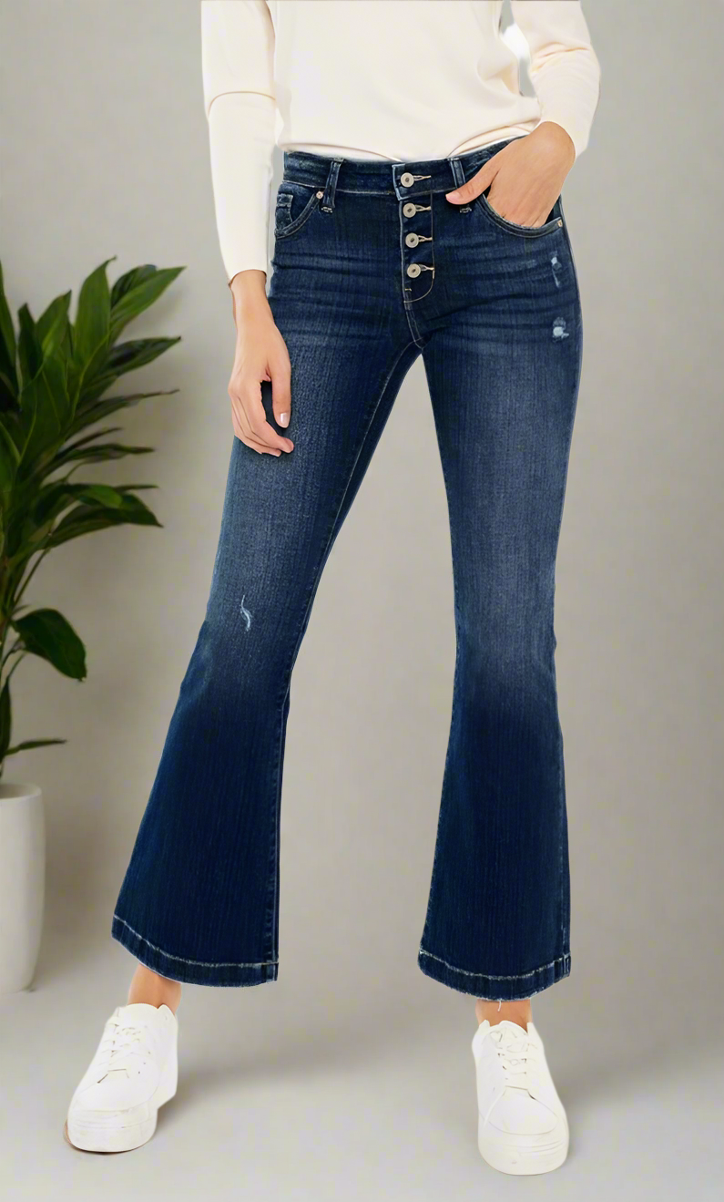 Sydney Mid Rise Button Fly Flare Jeans- Petite