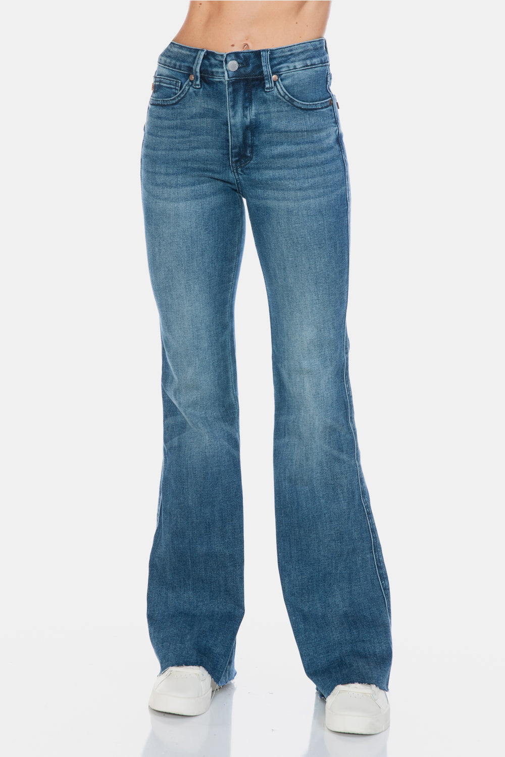 Mazzy Mid Rise Tummy Control Raw Hem Flare Jeans