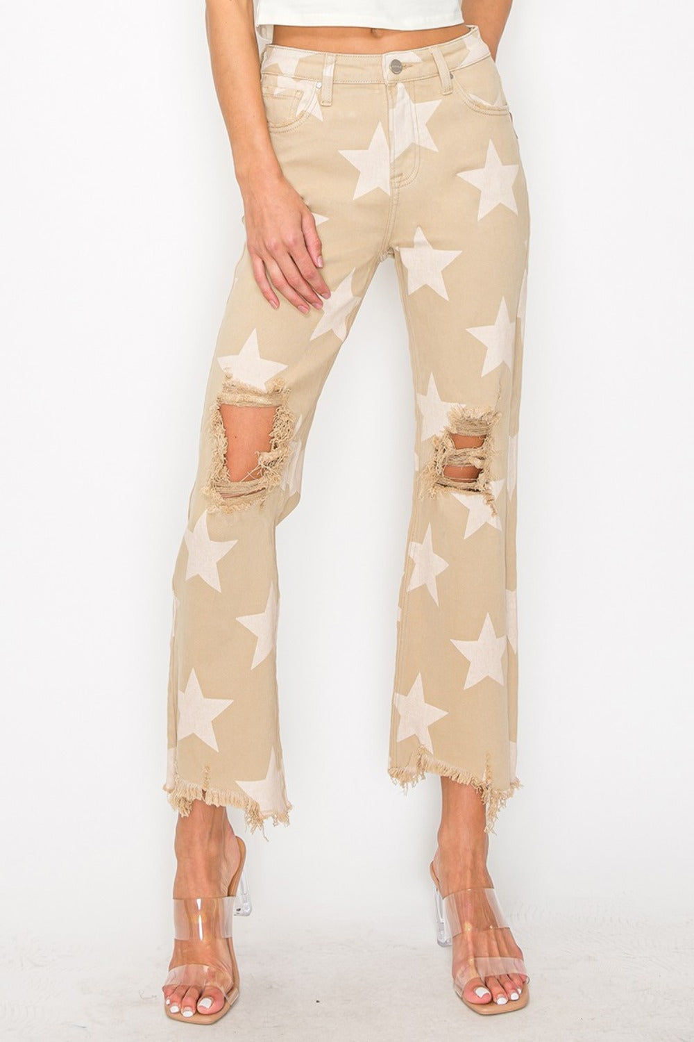 Hailey High Rise Star Printed Frayed Hem Jeans