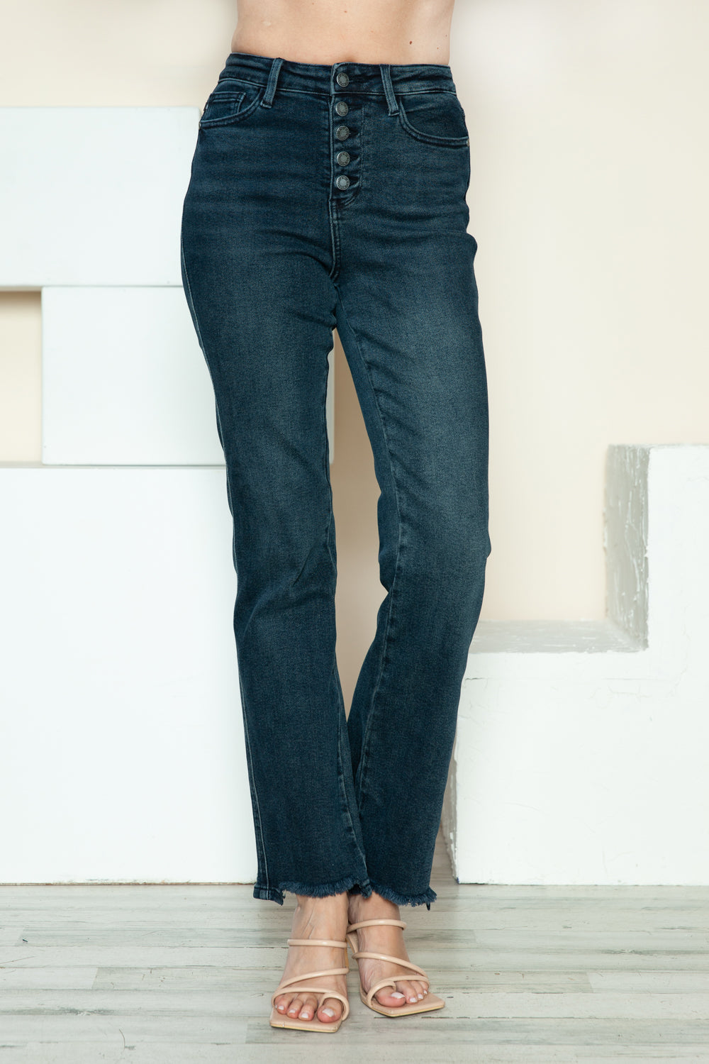 Preston High Rise Button Fly Straight Leg Frayed Hem Jeans