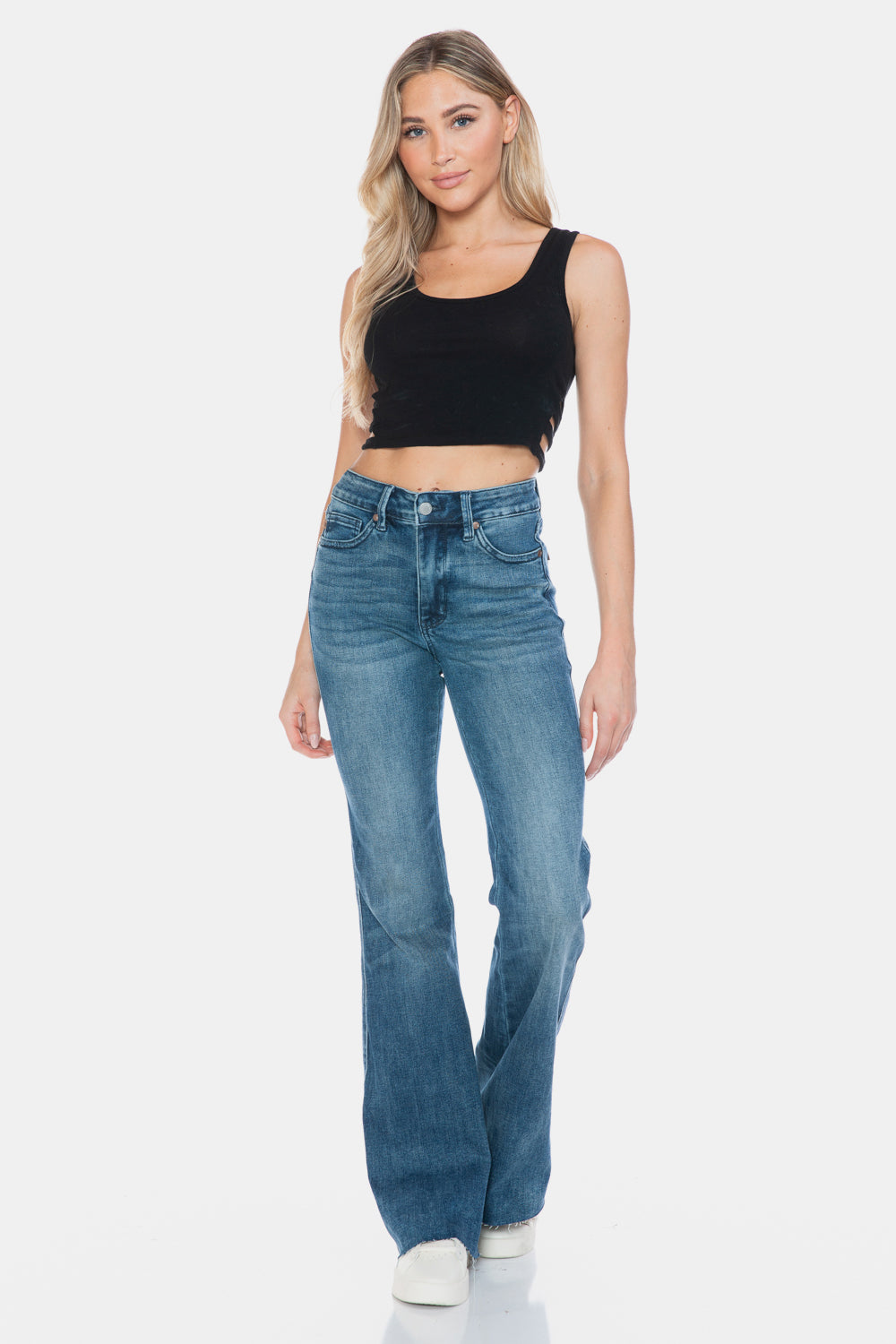 Mazzy Mid Rise Tummy Control Raw Hem Flare Jeans