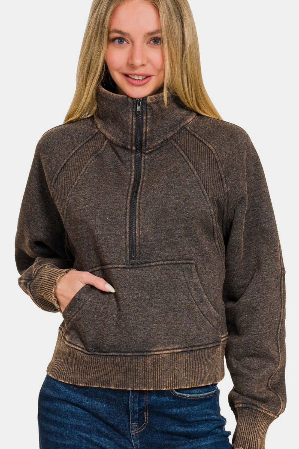 Cover Me Up Acid Washed Half Zip Fleece Sweatshirt