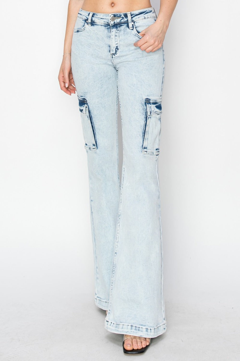 Tabbi Mid Rise Acid Wash Cargo Flare Jeans