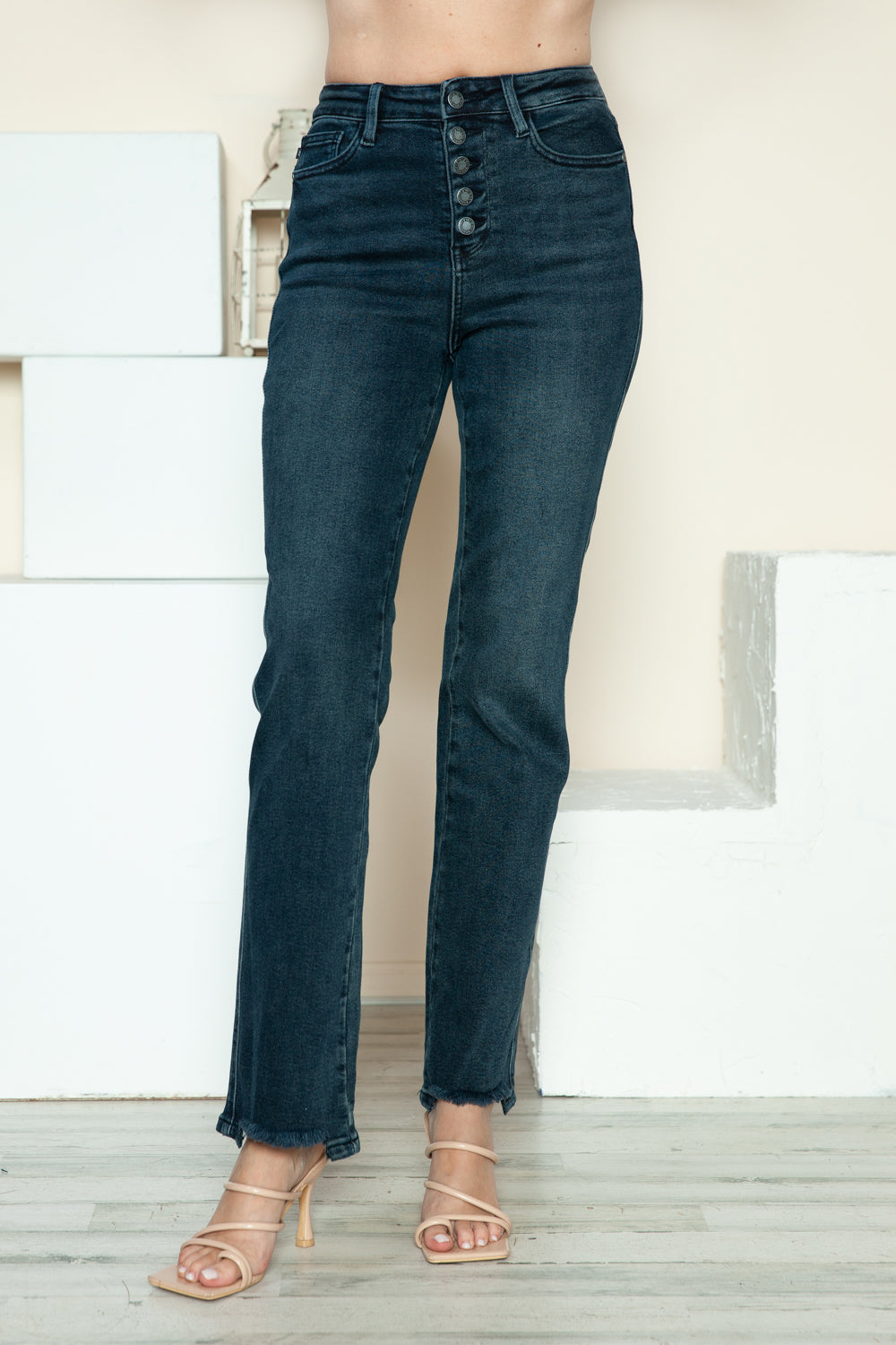 Preston High Rise Button Fly Straight Leg Frayed Hem Jeans