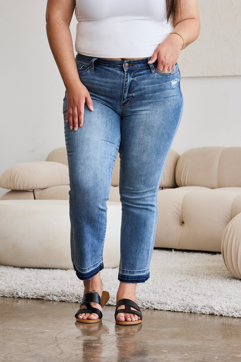 Avery Mid Rise Raw Hem Cropped Bootcut Jeans