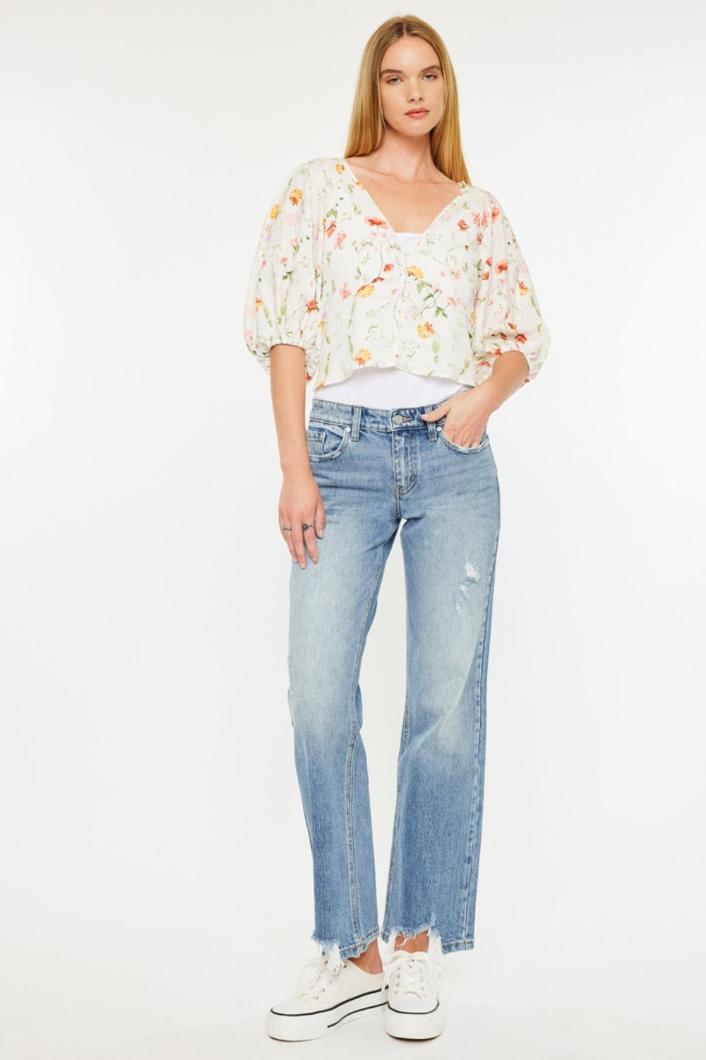 Denver Mid Rise Frayed Hem Straight Jeans