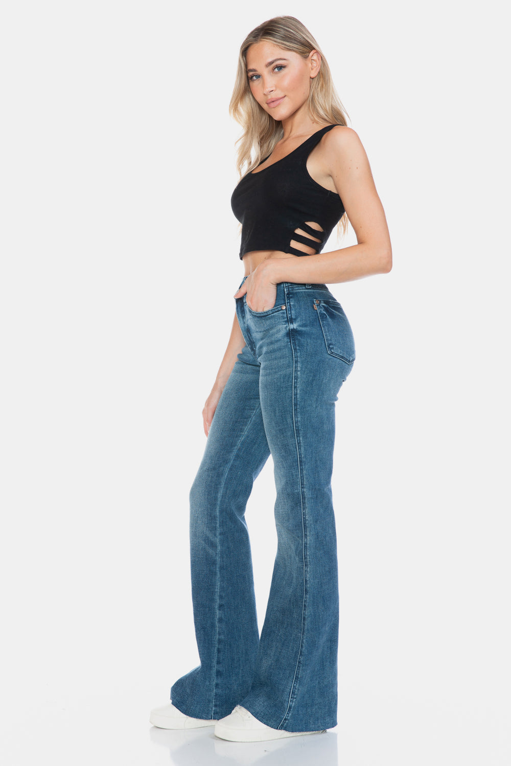 Mazzy Mid Rise Tummy Control Raw Hem Flare Jeans