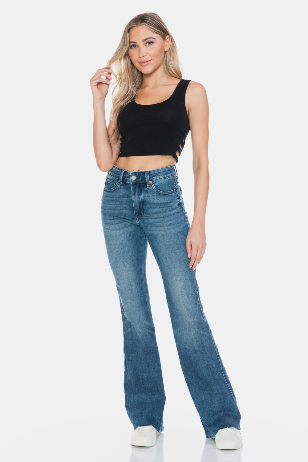 Mazzy Mid Rise Tummy Control Raw Hem Flare Jeans