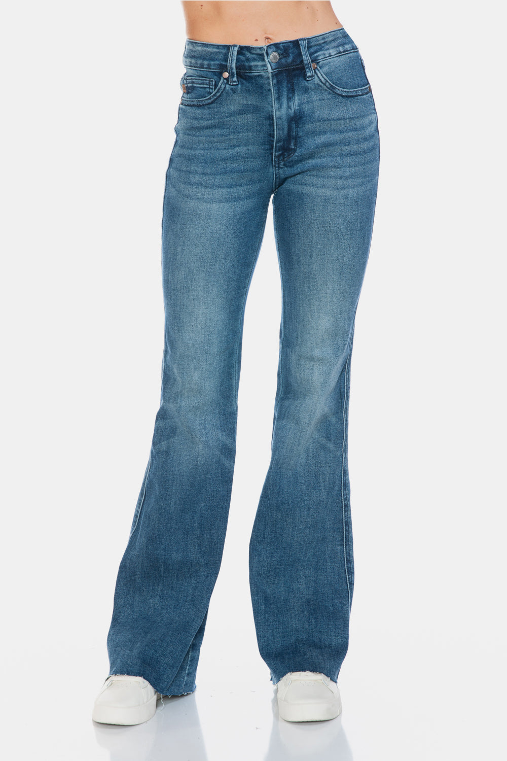 Mazzy Mid Rise Tummy Control Raw Hem Flare Jeans