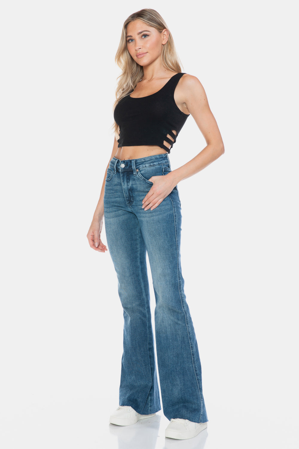 Mazzy Mid Rise Tummy Control Raw Hem Flare Jeans