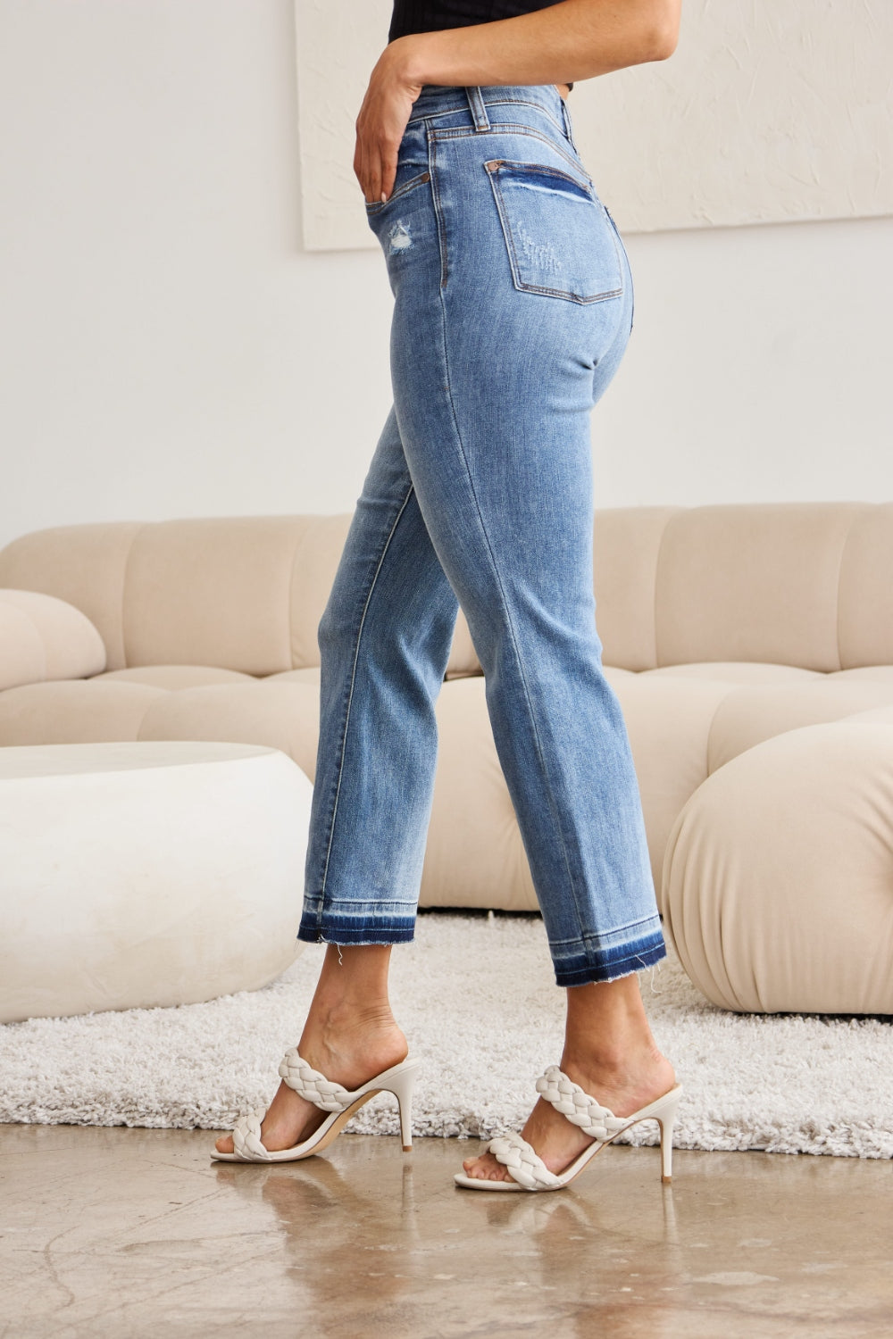 Avery Mid Rise Raw Hem Cropped Bootcut Jeans