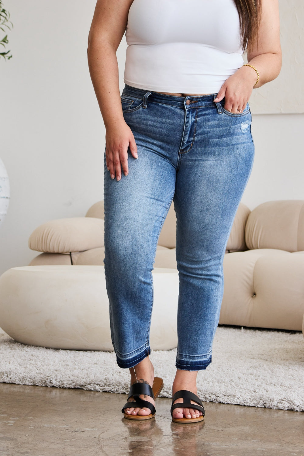 Avery Mid Rise Raw Hem Cropped Bootcut Jeans
