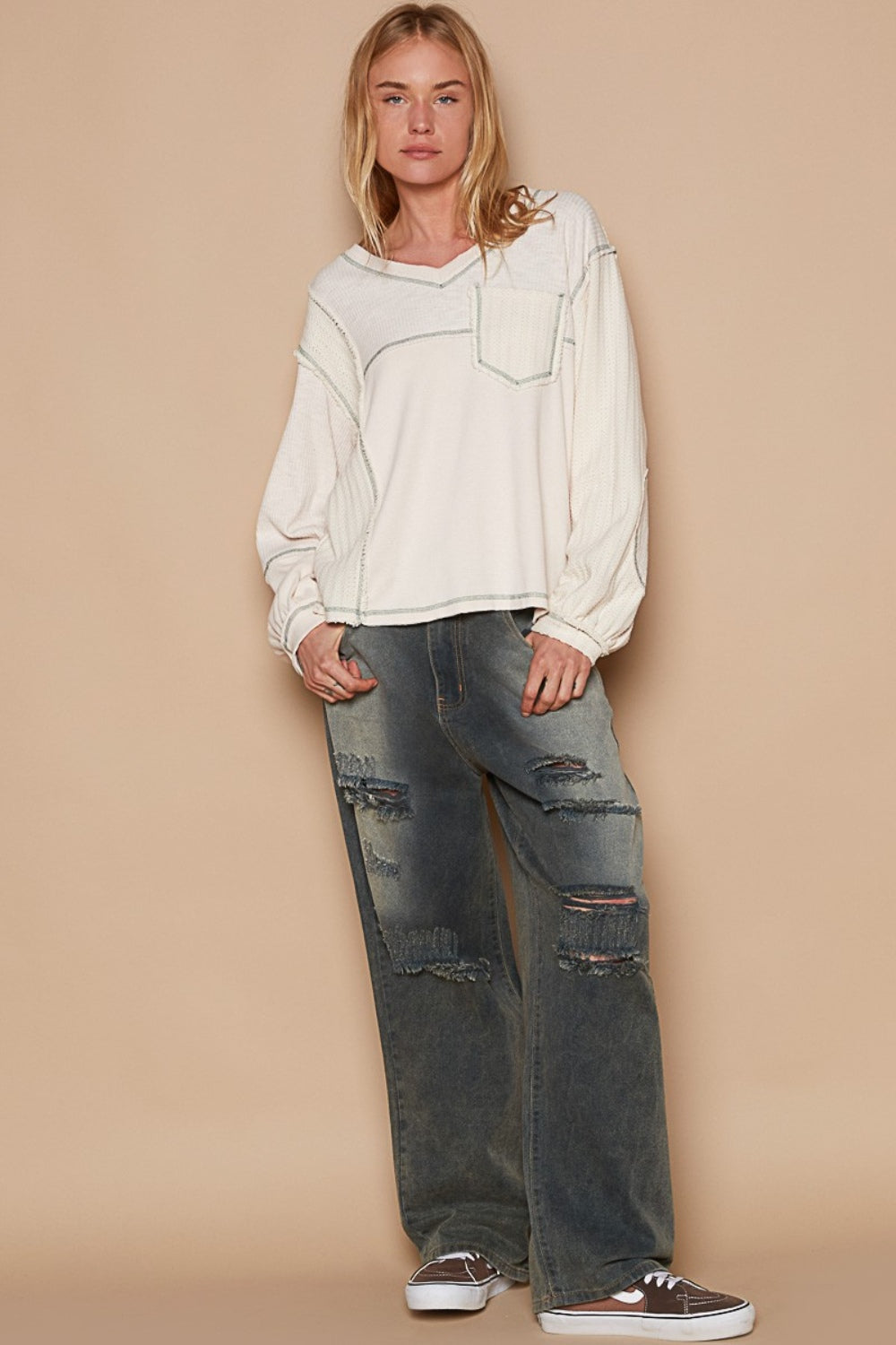 Sunday V-Neck Knit Panel Exposed Seam Top