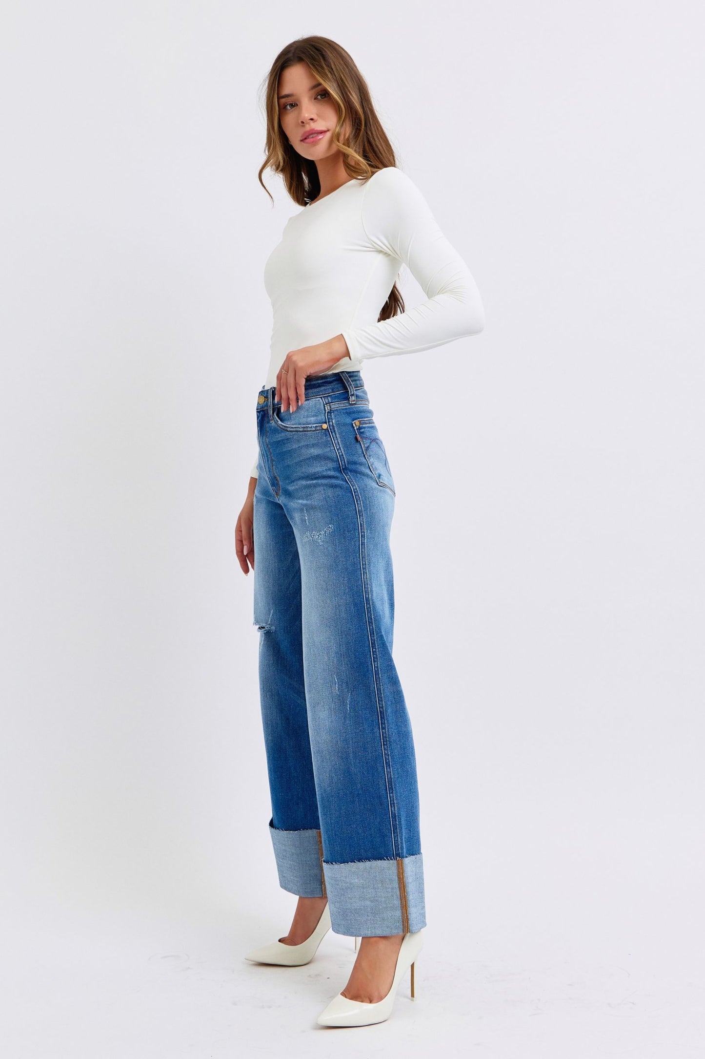 Desi High Rise Distressed Retro Wide Leg Jeans