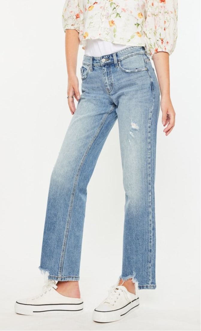 Denver Mid Rise Frayed Hem Straight Jeans