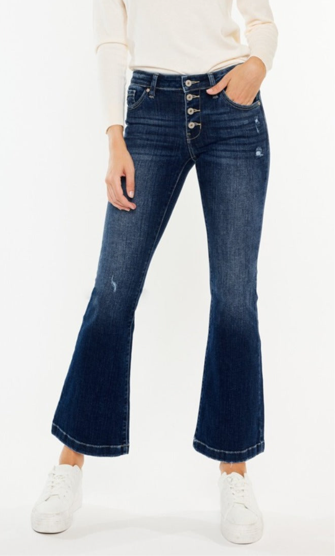 Sydney Mid Rise Button Fly Flare Jeans- Petite