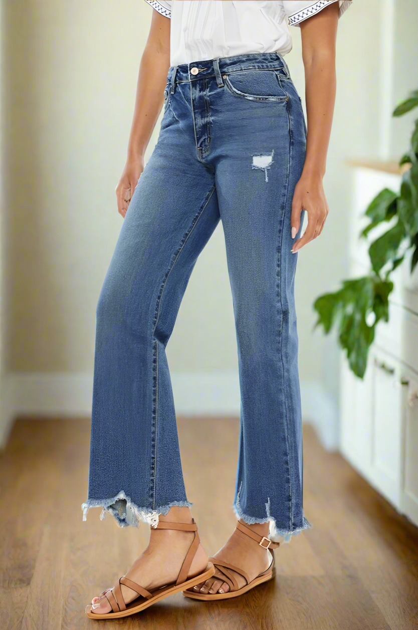 Teri High Rise Raw Hem Cropped Wide Leg Jeans