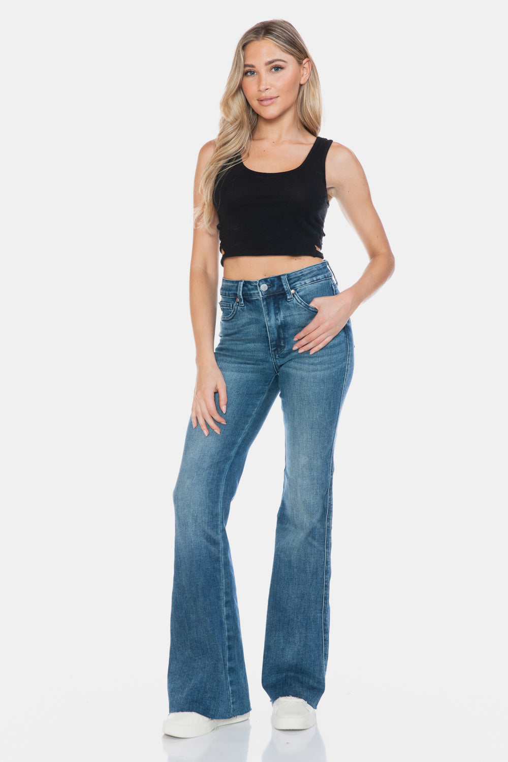 Mazzy Mid Rise Tummy Control Raw Hem Flare Jeans
