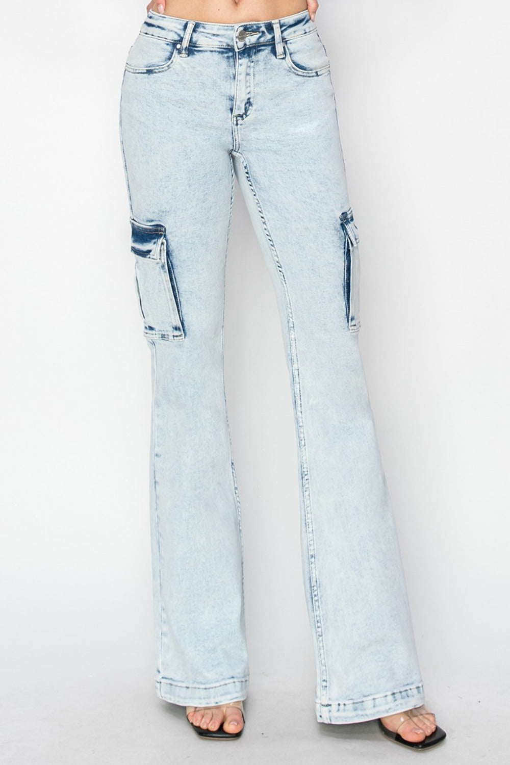Tabbi Mid Rise Acid Wash Cargo Flare Jeans