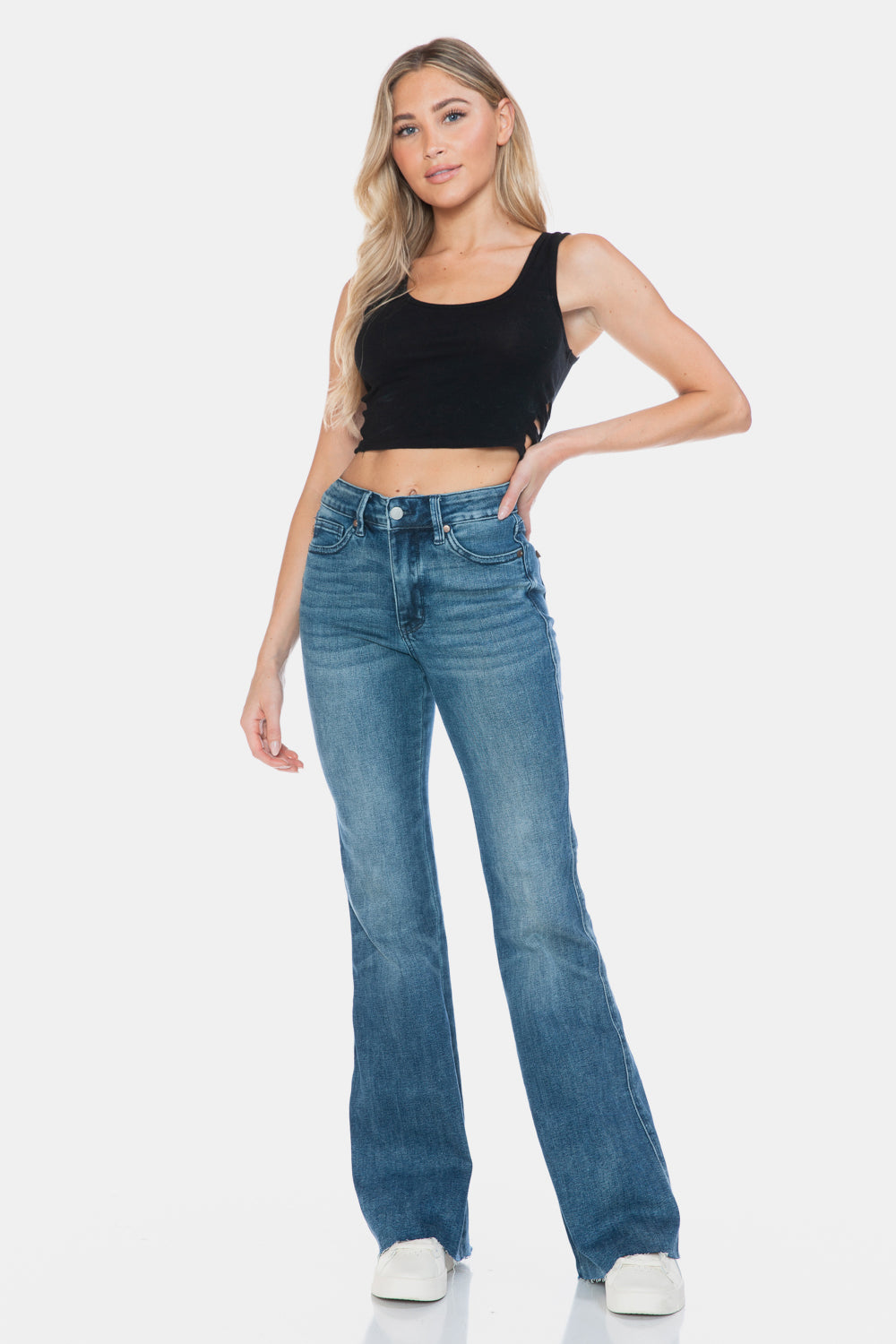 Mazzy Mid Rise Tummy Control Raw Hem Flare Jeans