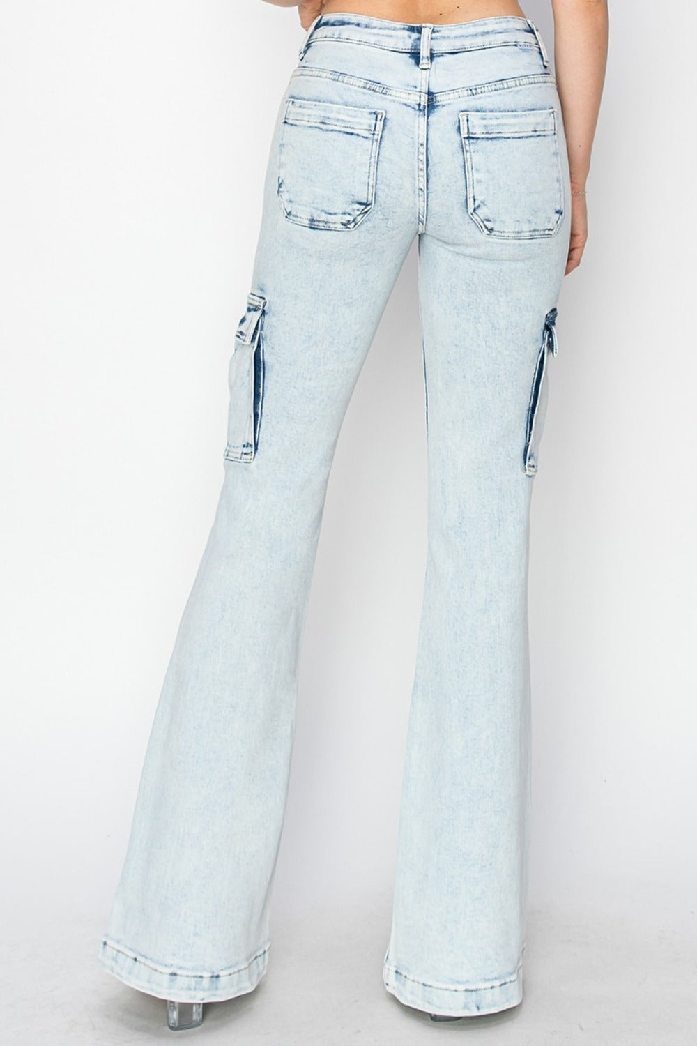 Tabbi Mid Rise Acid Wash Cargo Flare Jeans
