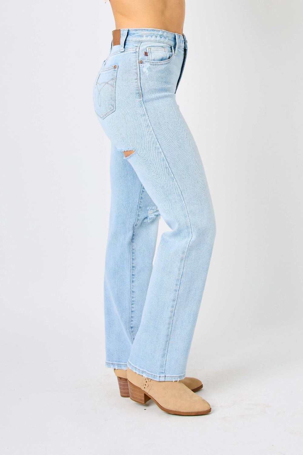 Colton High Rise Cheeky Distressed Straight Jean - Driftwood Boutique