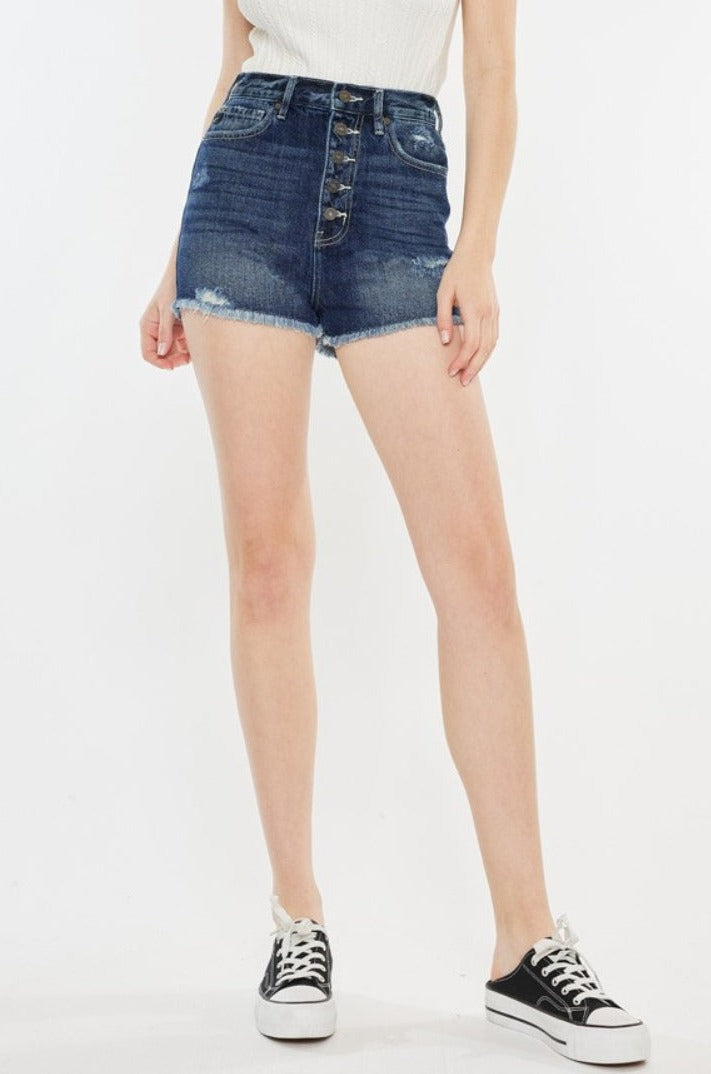 Jess High Rise Button Fly Raw Hem Denim Shorts