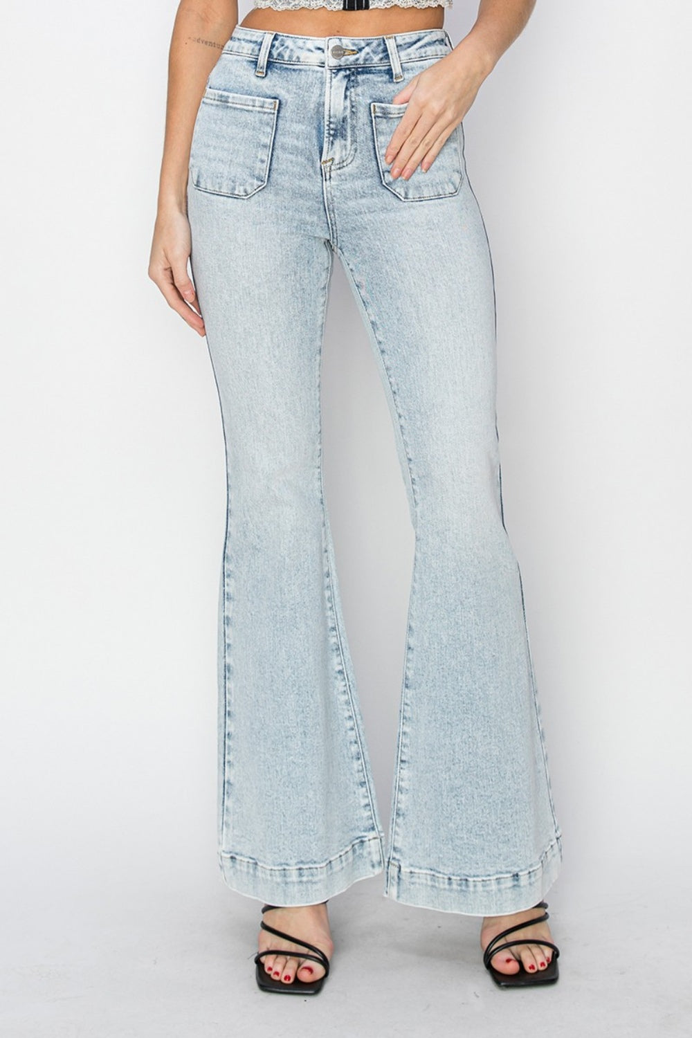 Sanja High Rise Front Patch Pocket Flare Jeans