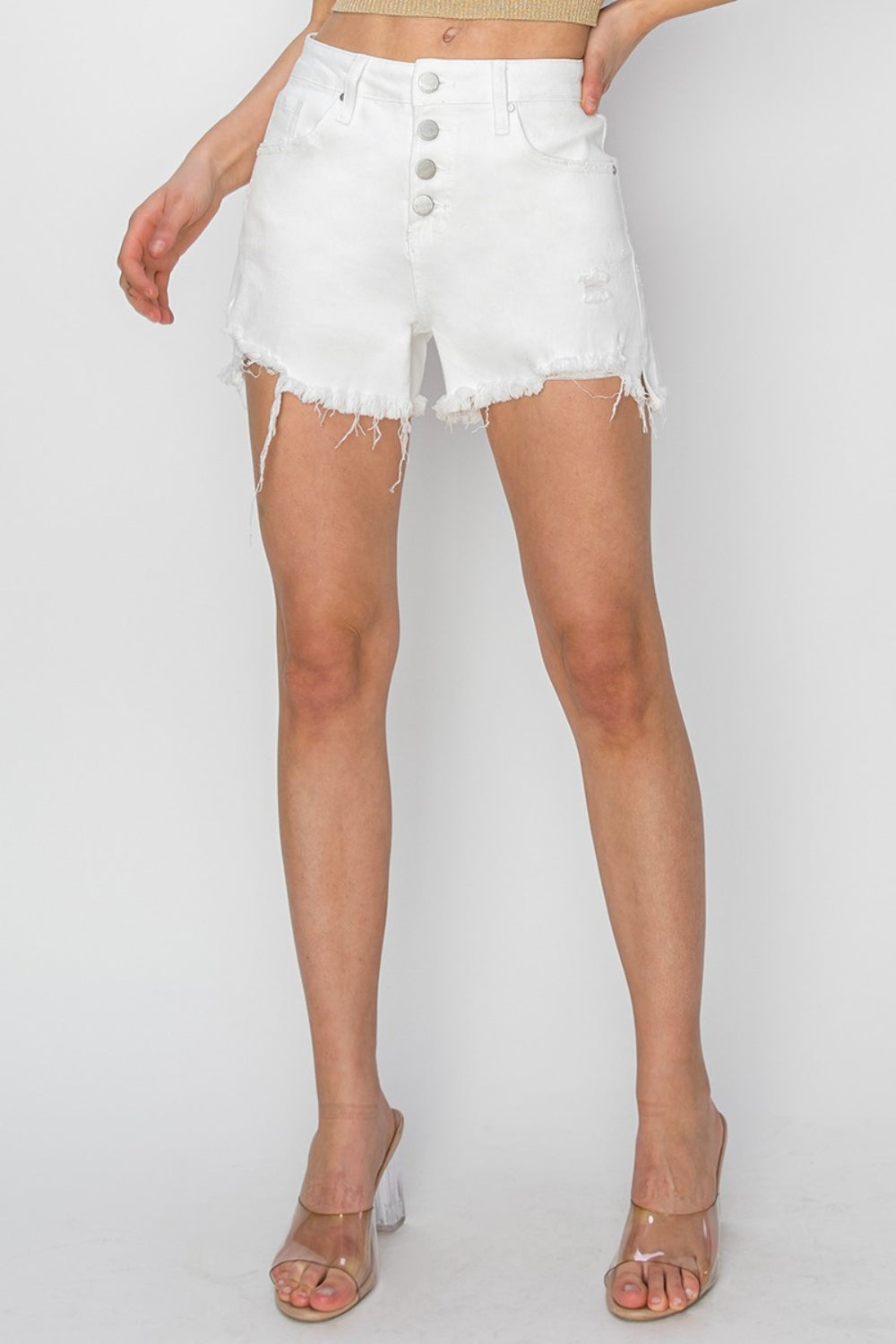 Sunny High Rise Button Fly Frayed Hem Denim Shorts