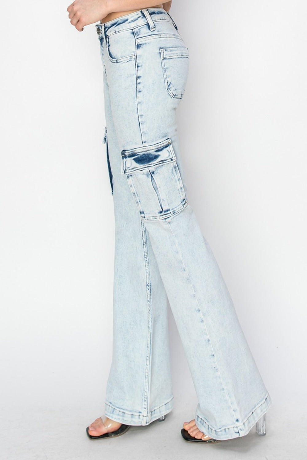 Tabbi Mid Rise Acid Wash Cargo Flare Jeans