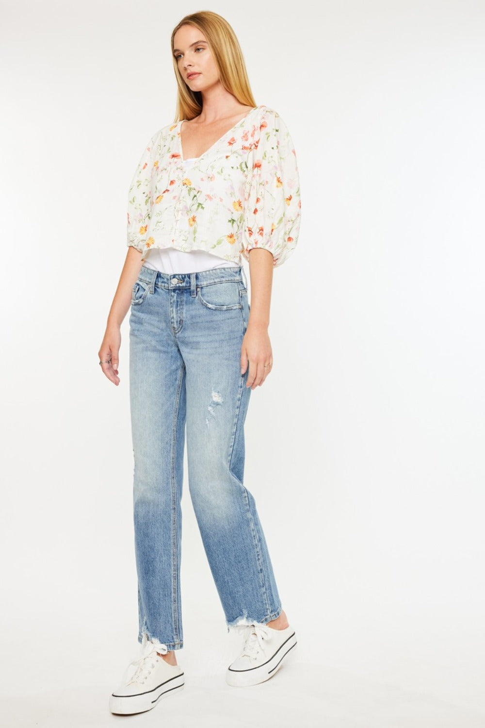 Denver Mid Rise Frayed Hem Straight Jeans