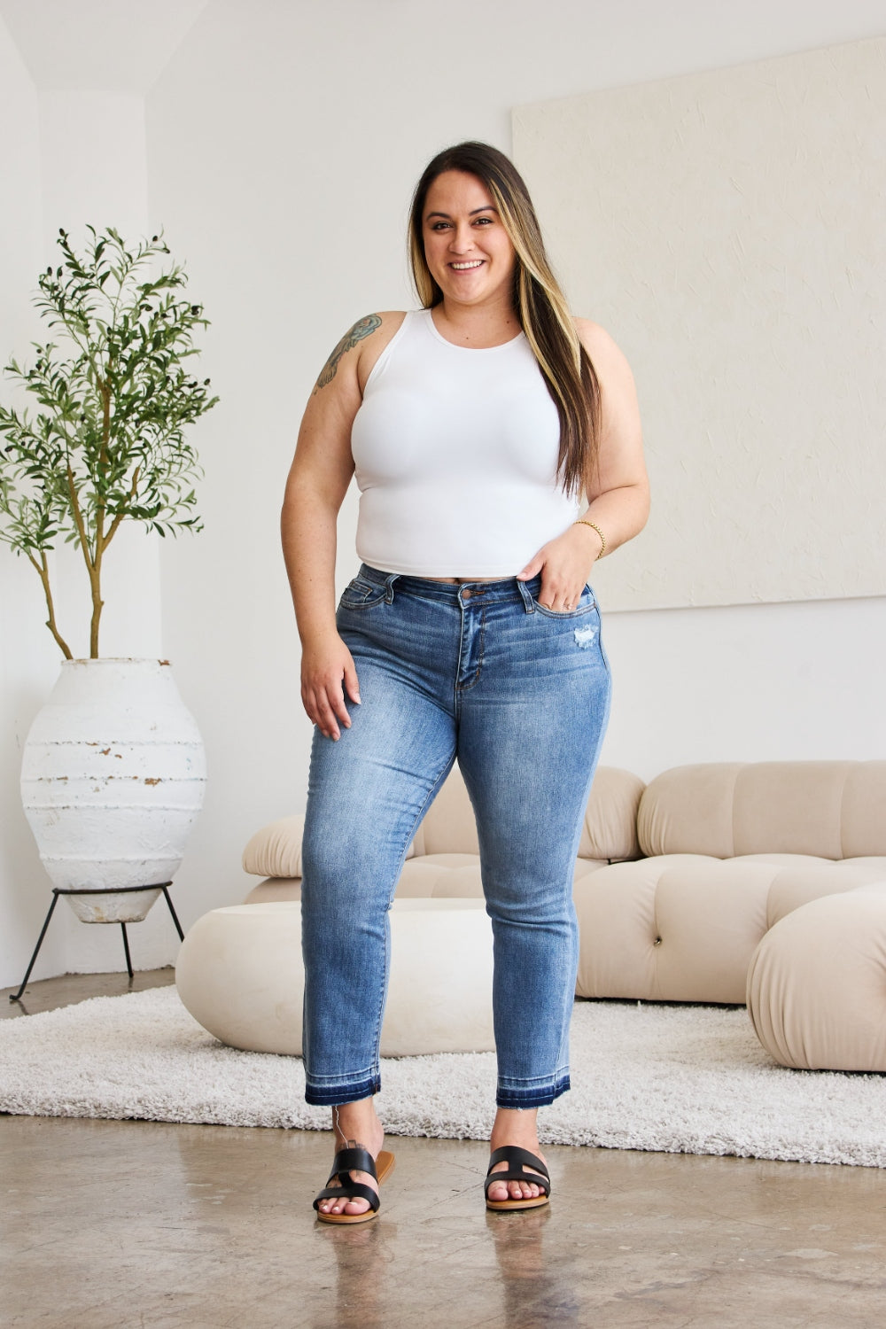 Avery Mid Rise Raw Hem Cropped Bootcut Jeans