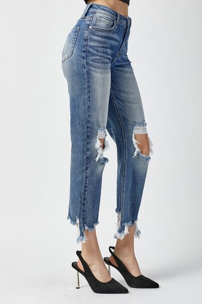 Cody High Rise Frayed Hem Distressed Cropped Straight Jeans