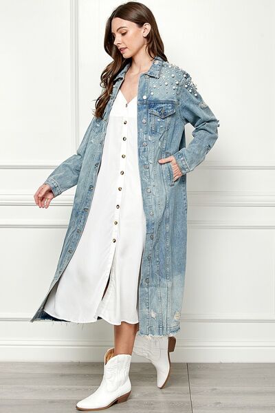 Kelsie Full Length Raw Hem Pearl Detail Button Up Jacket