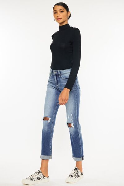 Rebel High Waist Distressed Hem Detail Cropped Straight Jeans