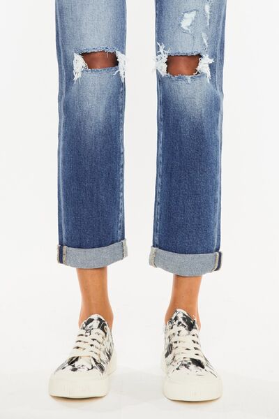 Rebel High Waist Distressed Hem Detail Cropped Straight Jeans