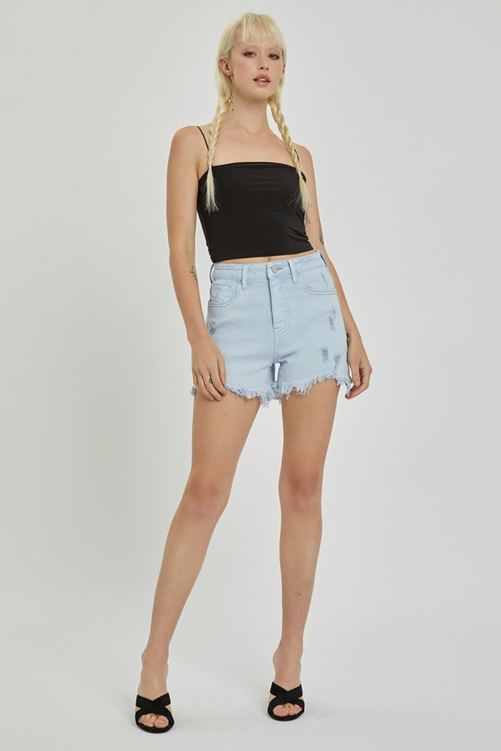Chrissy High Rise Distressed Denim Shorts