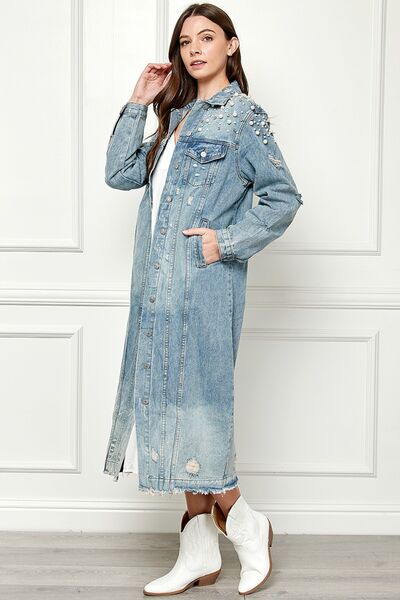 Kelsie Full Length Raw Hem Pearl Detail Button Up Jacket
