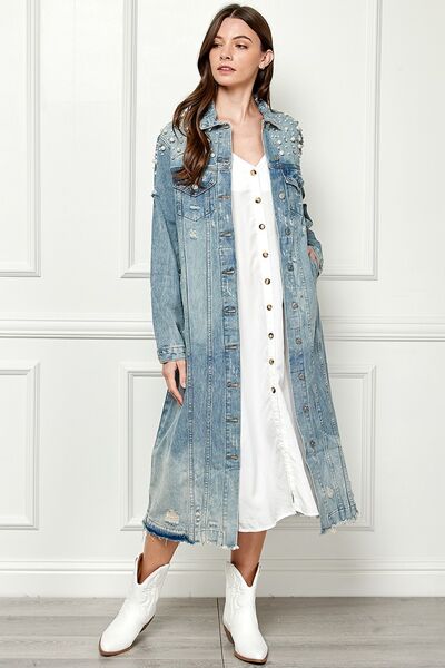 Kelsie Full Length Raw Hem Pearl Detail Button Up Jacket