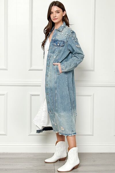 Kelsie Full Length Raw Hem Pearl Detail Button Up Jacket