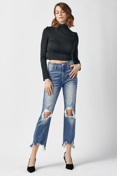 Cody High Rise Frayed Hem Distressed Cropped Straight Jeans