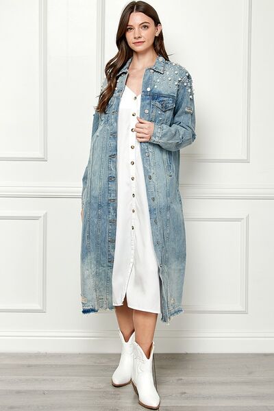 Kelsie Full Length Raw Hem Pearl Detail Button Up Jacket