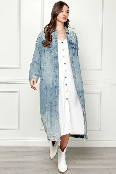 Kelsie Full Length Raw Hem Pearl Detail Button Up Jacket