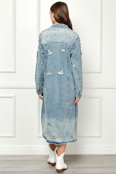Kelsie Full Length Raw Hem Pearl Detail Button Up Jacket